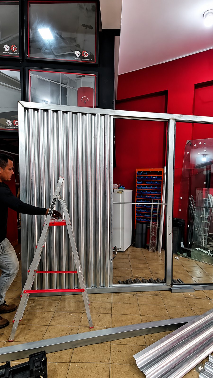 Técnico da Serralheria Confiança em showroom de esquadrias de alumínio